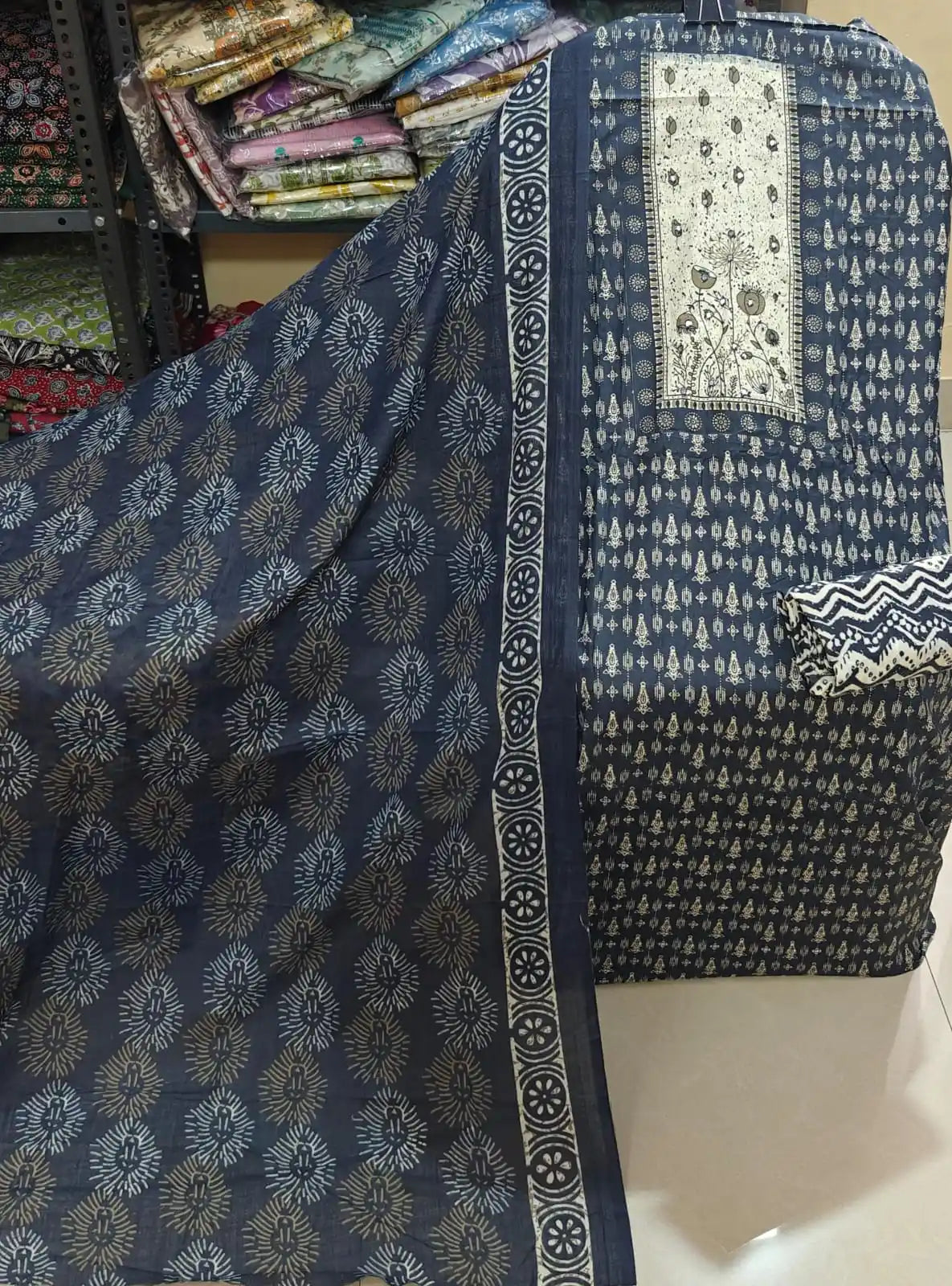 Charcoal Blue Sunburst Embroidered Cotton Suit By ASC