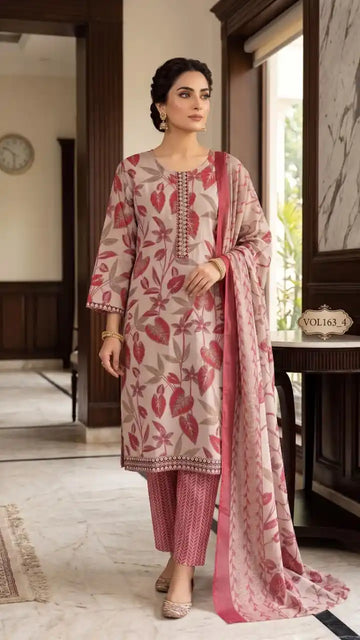 Cotton Embroidered Suit with Pant & Printed Dupatta by ASC