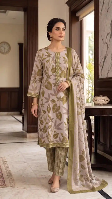 Cotton Embroidered Suit with Pant & Printed Dupatta by ASC