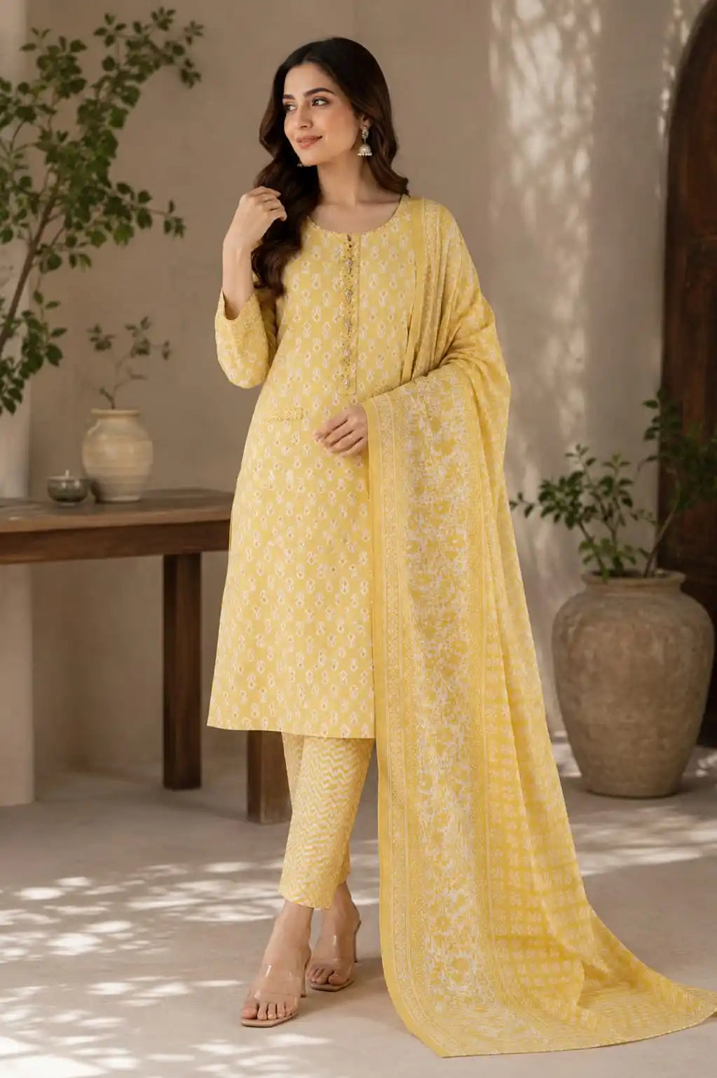 A woman models a traditional Indian salwar kameez suit in a soft pastel yellow with white floral embroidery, featuring a long kurta, matching trousers, and a draped dupatta, set against a warm, sunlit indoor background with potted plants.
