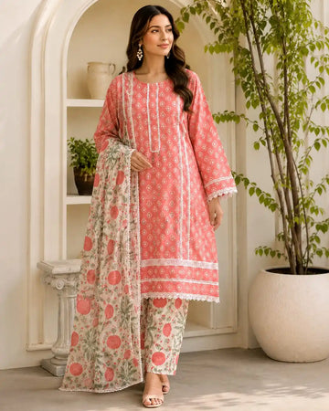 Pink  Jaipuri Karachi Readymade Cotton Suit with Lace Work