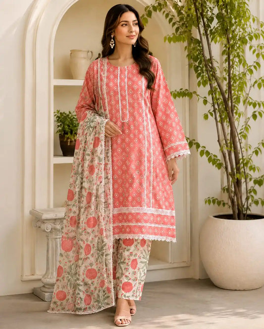 Pink  Jaipuri Karachi Readymade Cotton Suit with Lace Work
