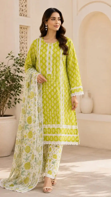 Parrot Green Cotton Karachi Suit