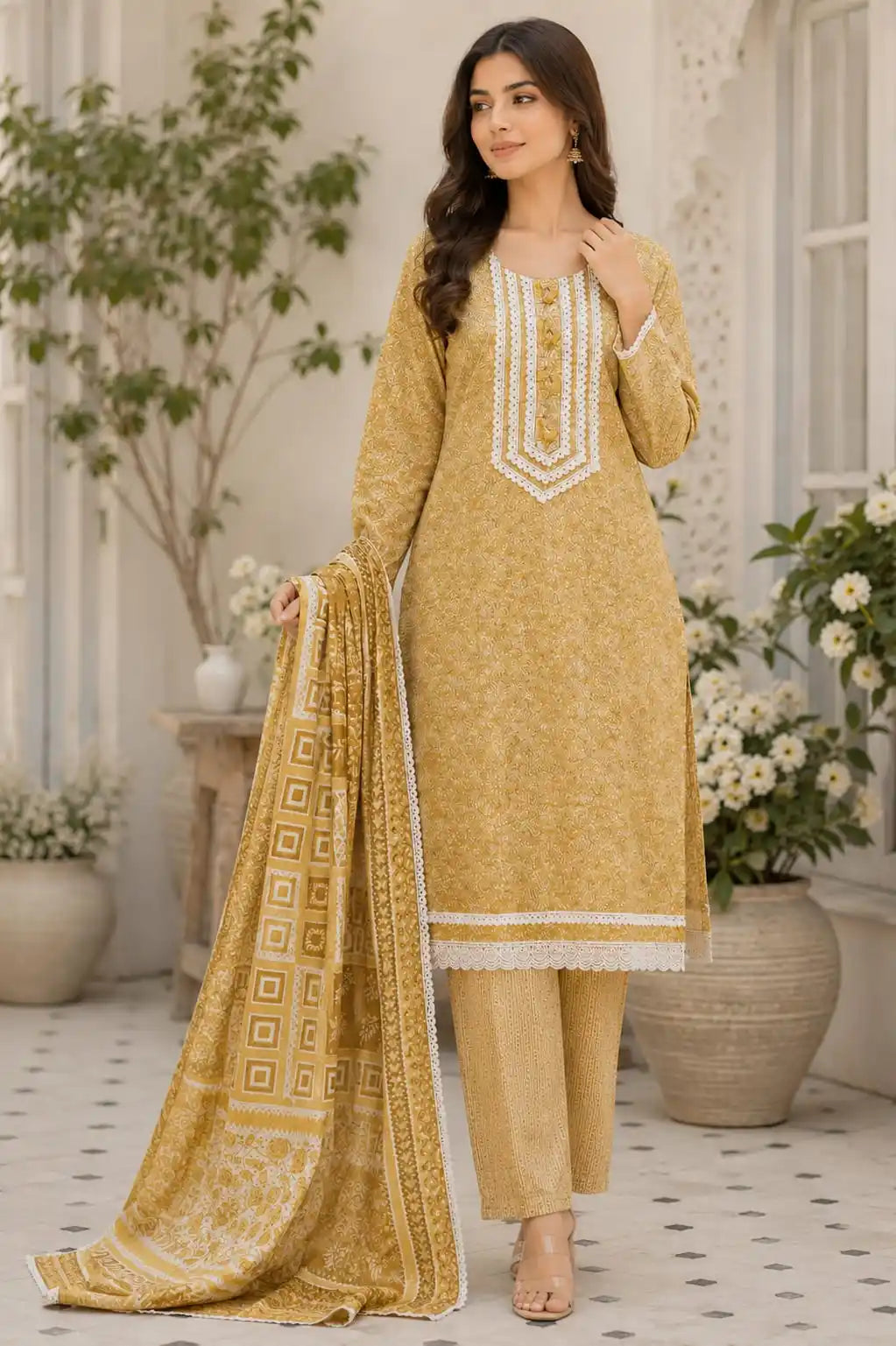 Mustard crochet lace yoke pant set