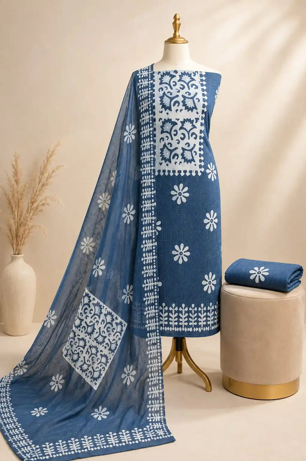 Prussian Blue Cotton Batik Print Unstitched Suit with Pure Chiffon Dupatta