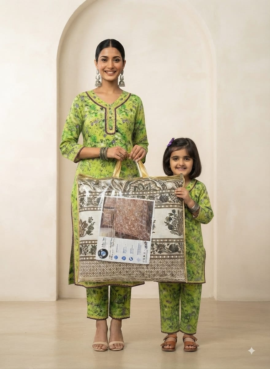 Mother and daughter in matching ASC suits holding a bedsheet