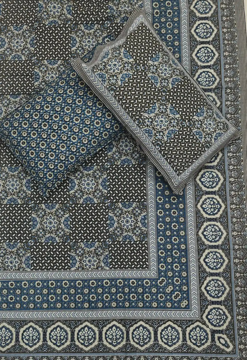 Super King Size Jaipuri Block Print Cotton Bedsheet 8x9 ft With 2 Pillow Covers by ASC Fashion Store