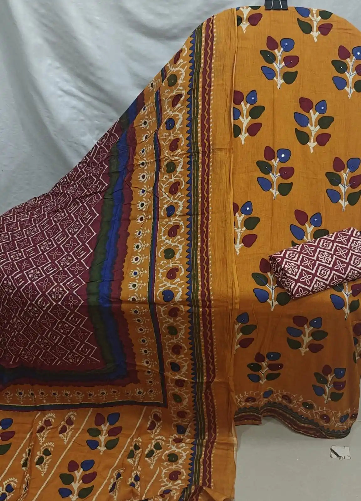 Mustard Yellow Wax Batik Cotton Unstitched Suit By ASC