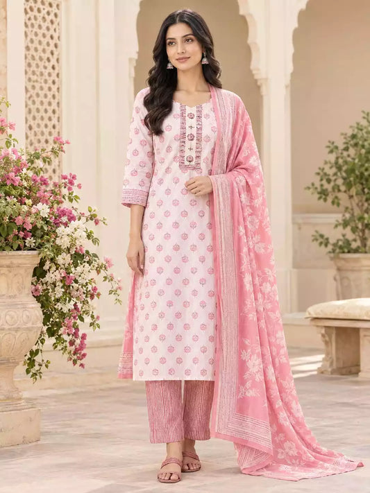 Pink printed cotton straight pant set