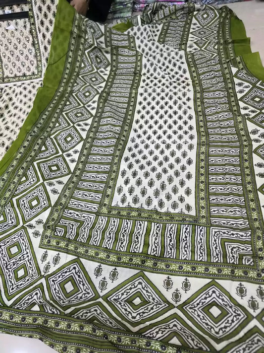 Olive Green Anarkali Pattern With Classic Jaipuri Buti Print & Hand Work By ASC