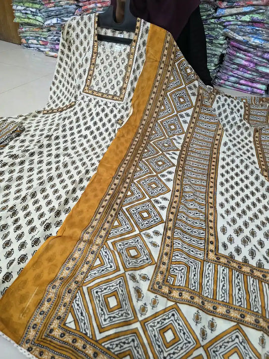 Mustard Anarkali Pattern With Classic Jaipuri Buti Print & Hand Work By ASC