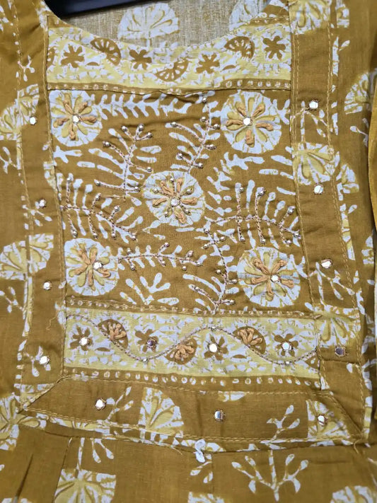 Mustard Anarkali Pattern With Dabu Print & Hand Work By ASC