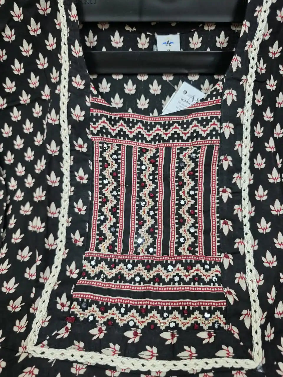 Black Anarkali Pattern With Jaipuri Kamal Buti Print & Mirror Work Yoke By ASC