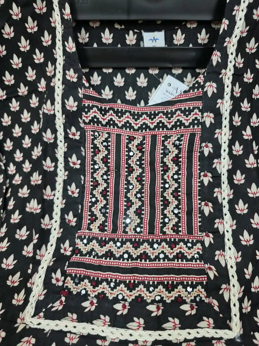 Black Anarkali Pattern With Jaipuri Kamal Buti Print & Mirror Work Yoke By ASC
