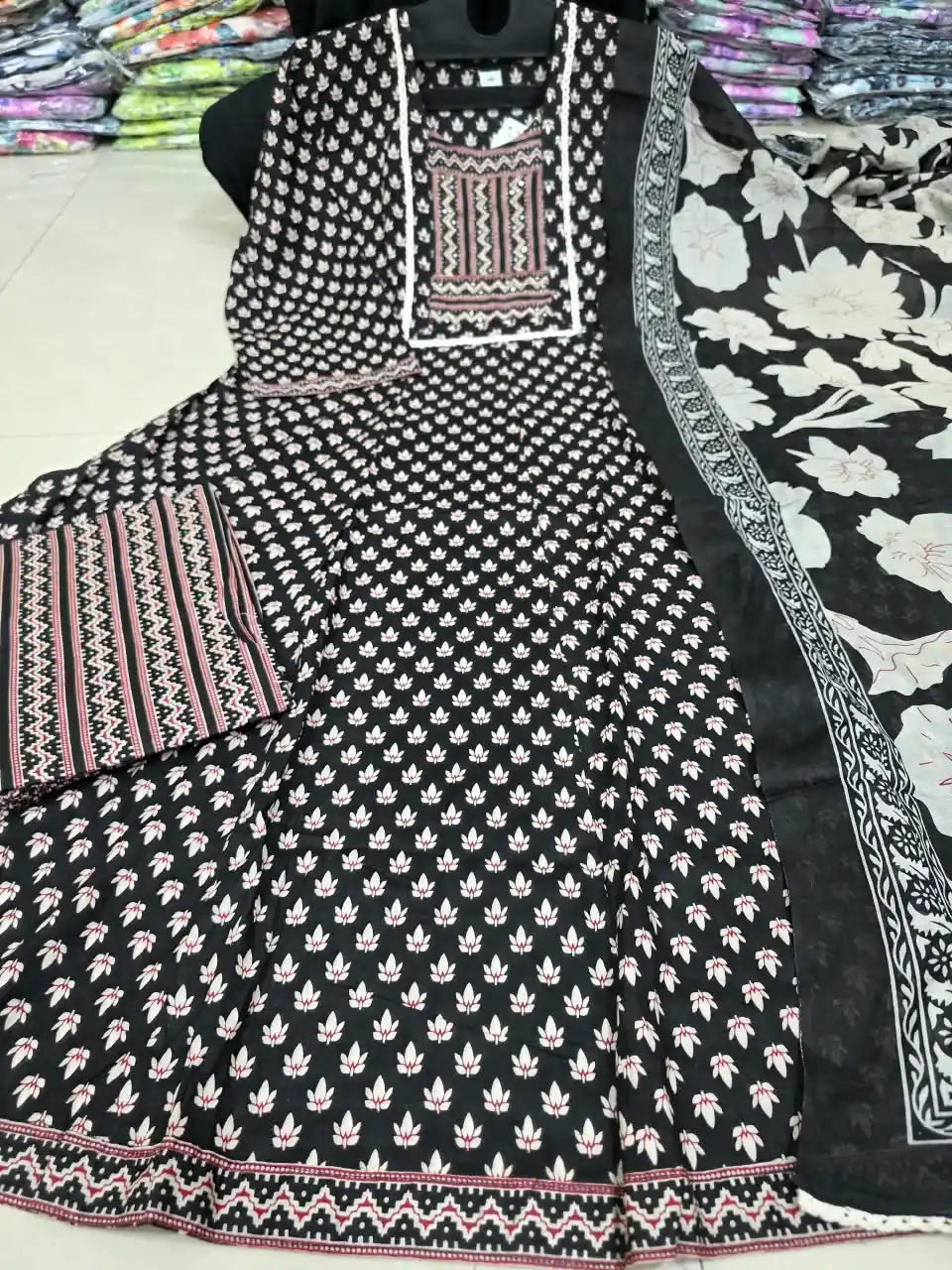 Black Anarkali Pattern With Jaipuri Kamal Buti Print & Mirror Work Yoke By ASC