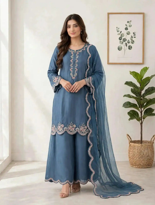 Women's Satin Rayon Karachi Embroidered Readymade Designer Suit With Russian Plazzo - ASC Fashion Store