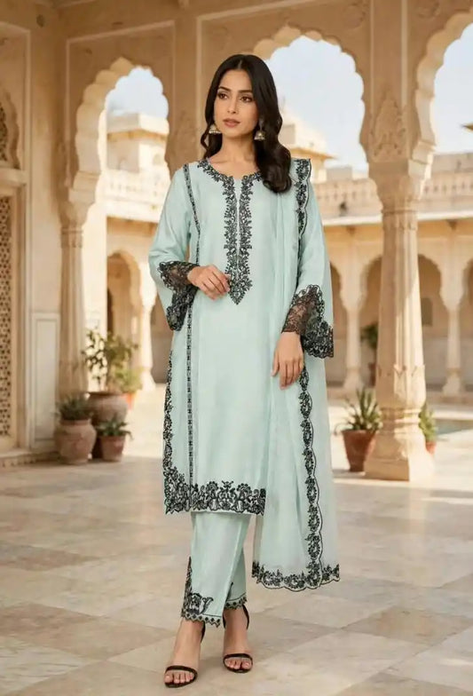 Women's Satin Rayon Karachi Embroidered Readymade Designer Suit - ASC Fashion Store