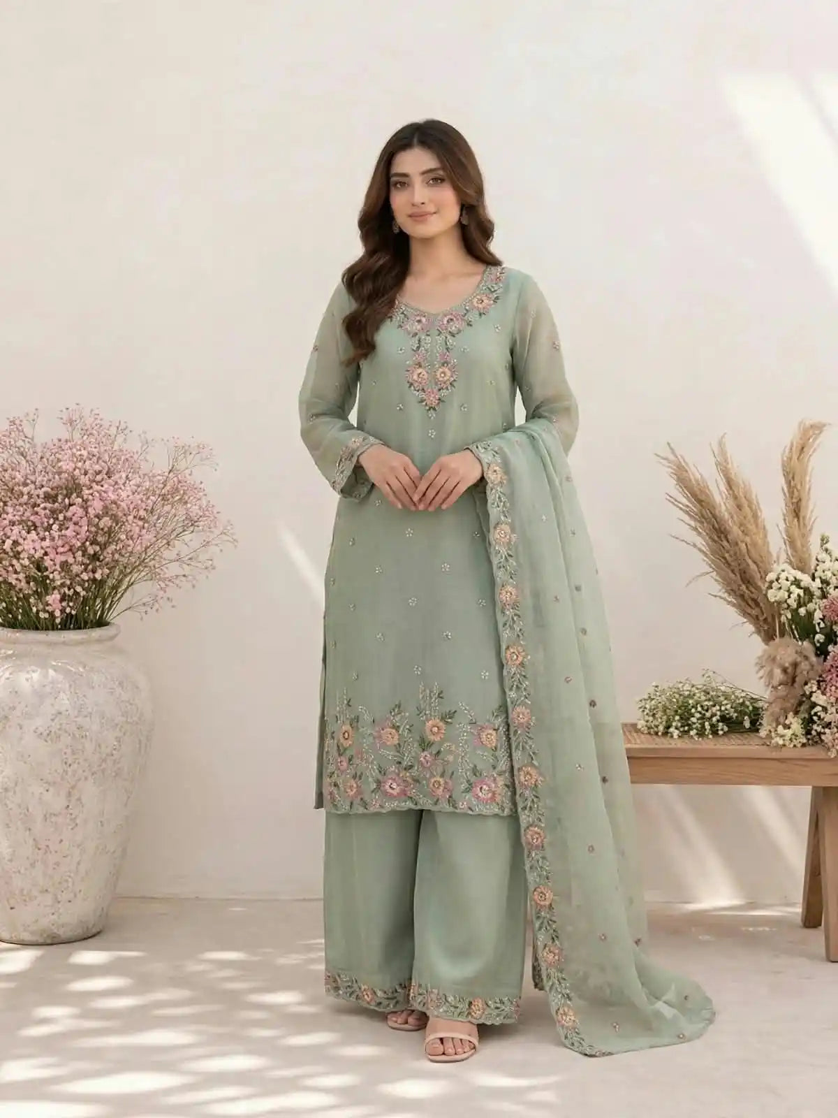 Women's Lahori Style Embroidered Readymade Designer Suit With Plazzo & Chinnon Dupatta - ASC Fashion Store