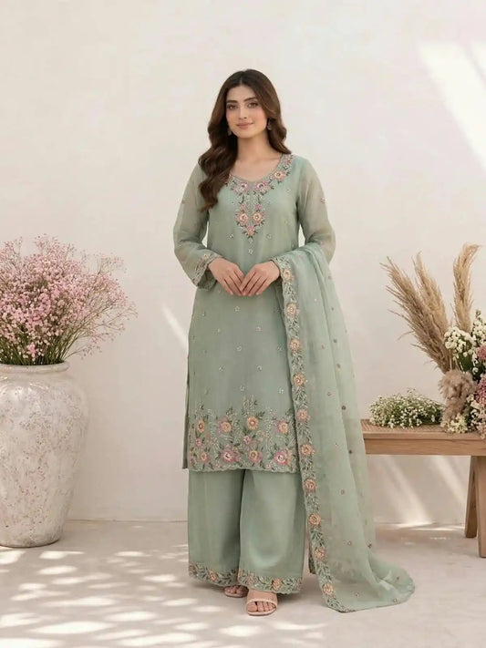 Women's Lahori Style Embroidered Readymade Designer Suit With Plazzo & Chinnon Dupatta - ASC Fashion Store