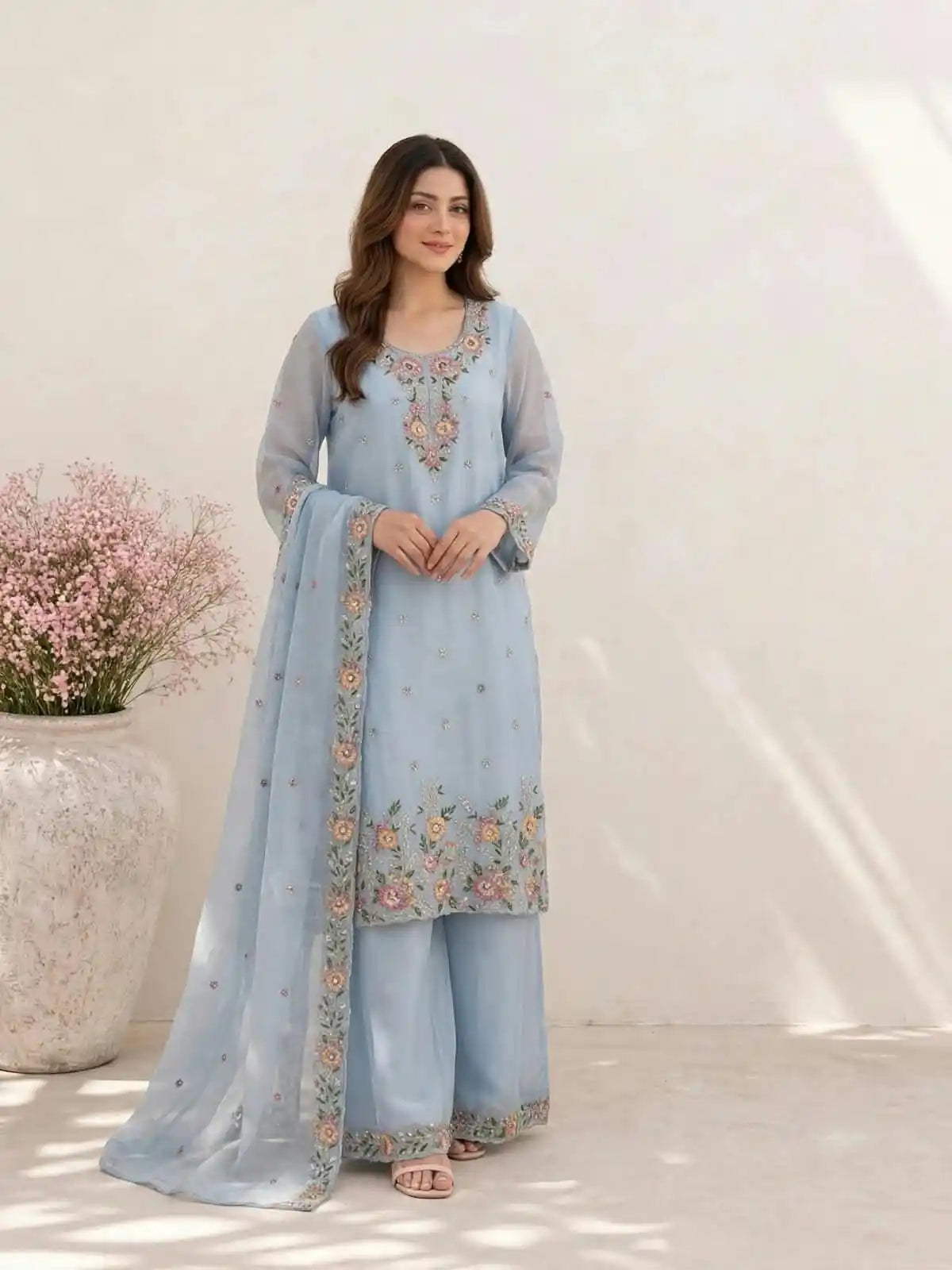 Women's Lahori Style Embroidered Readymade Designer Suit With Plazzo & Chinnon Dupatta - ASC Fashion Store