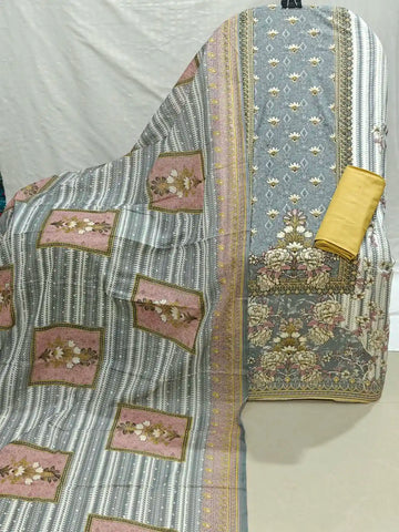 Slate Grey Top Printed  bottom Mustard Yellow Unstitched Suit with printed Dupatta