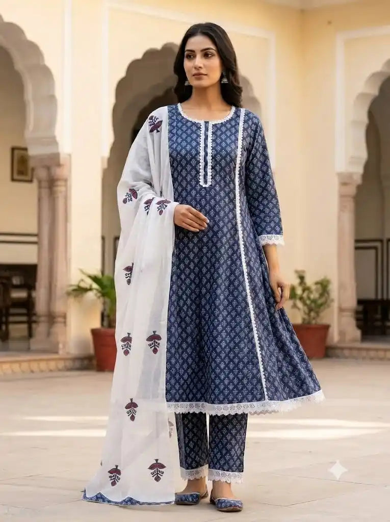 Sanganeri Leaf Print Anarkali crochet lace Style Suit By ASC