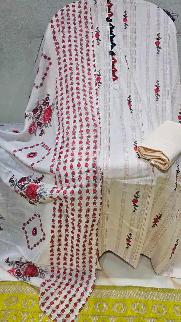 UNSTICHED NECK EMBROIDERED COTTON SUIT WITH MAL COTTON DUPATTA