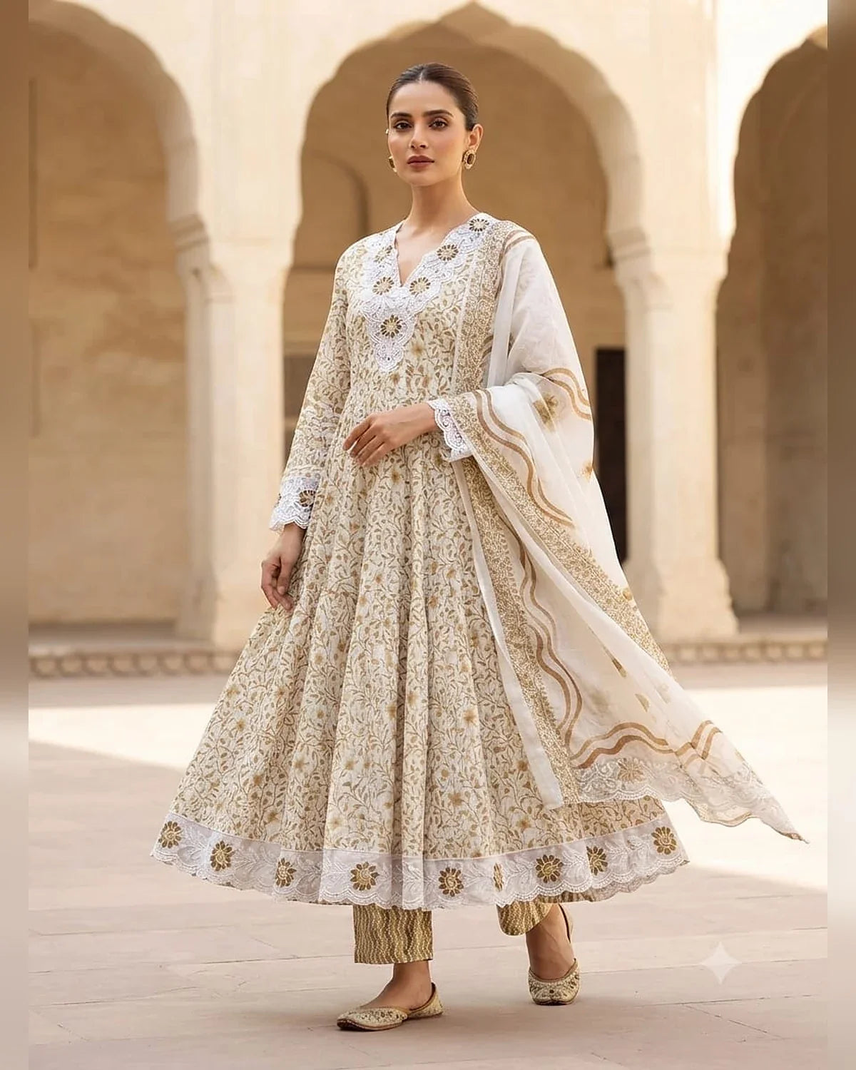 Beige Jaipuri cotton Anarkali suit with embroidered lace, cotton pant and dabu print dupatta - ASC Fashion Store