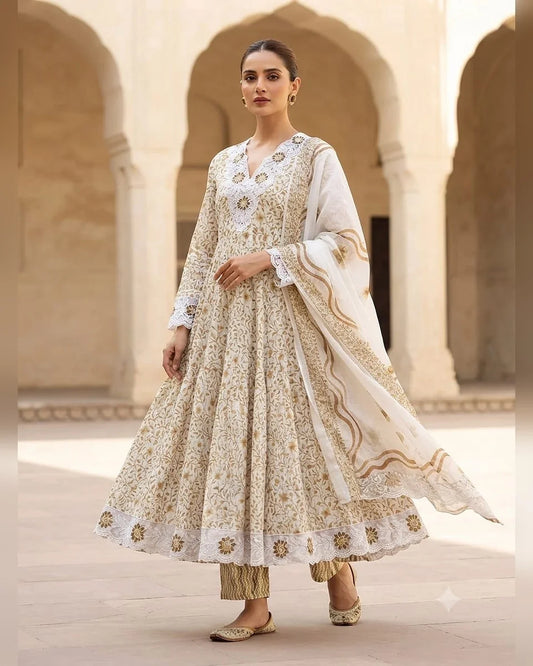 Beige Jaipuri cotton Anarkali suit with embroidered lace, cotton pant and dabu print dupatta - ASC Fashion Store