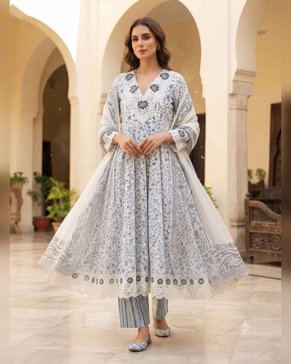 Blue Jaipuri cotton Anarkali suit with embroidered lace, cotton pant and dabu print dupatta - ASC Fashion Store