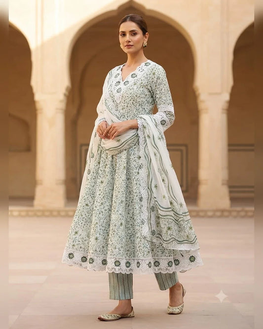 Green Jaipuri cotton Anarkali suit with embroidered lace, cotton pant and dabu print dupatta - ASC Fashion Store