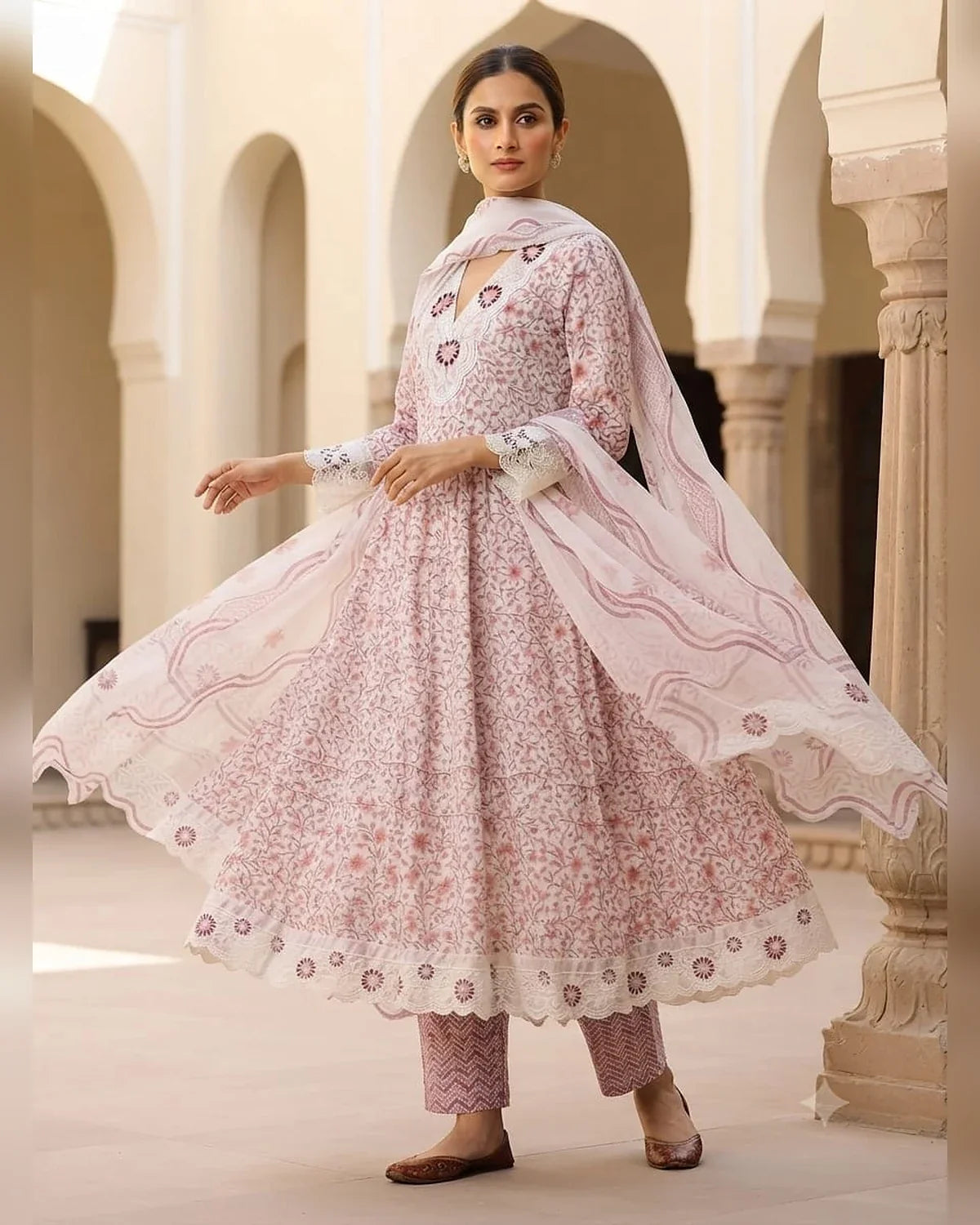 Pink Jaipuri cotton Anarkali suit with embroidered lace, cotton pant and dabu print dupatta - ASC Fashion Store