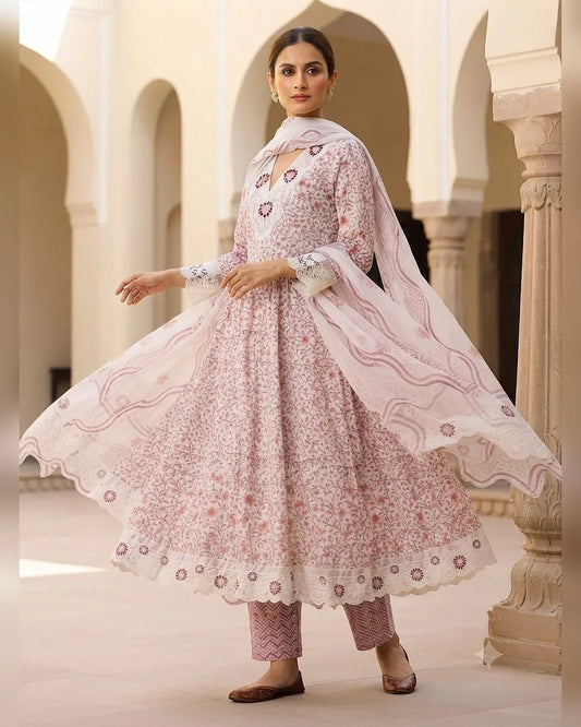 Pink Jaipuri cotton Anarkali suit with embroidered lace, cotton pant and dabu print dupatta - ASC Fashion Store