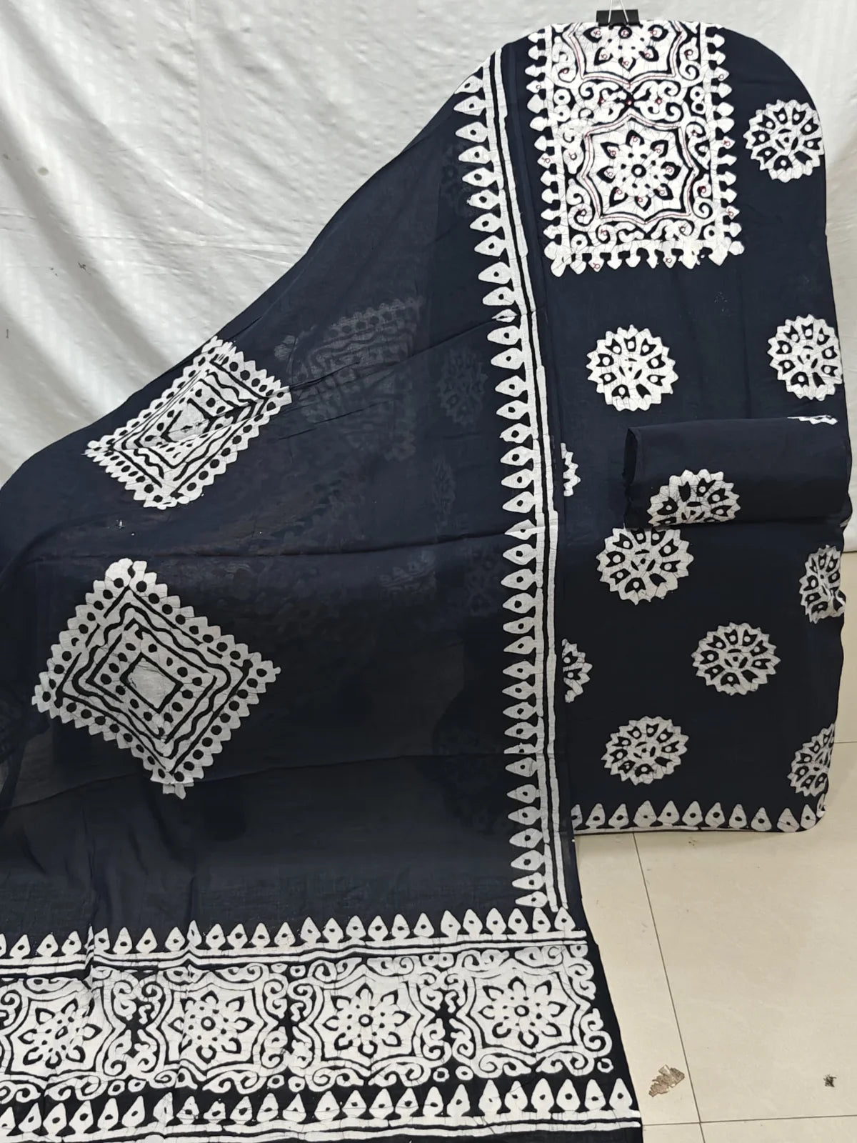 Black Medallion Wax Batik Cotton Unstitched Suit By ASC