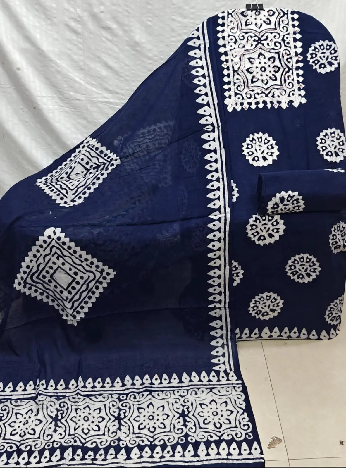 Navy Blue Medallion Wax Batik Cotton Unstitched Suit By ASC