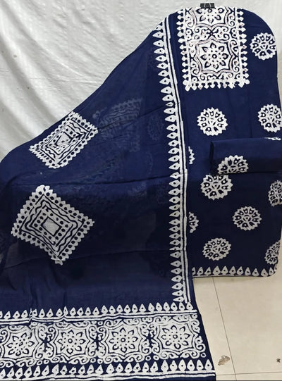 Navy Blue Medallion Wax Batik Cotton Unstitched Suit By ASC