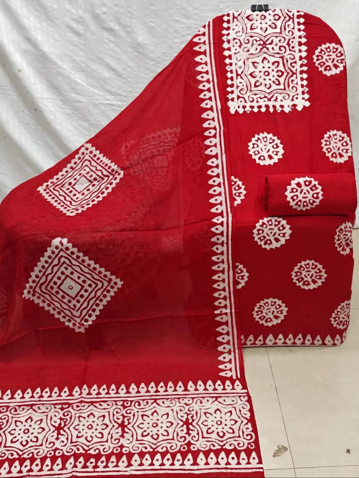 Red Medallion Wax Batik Cotton Unstitched Suit By ASC