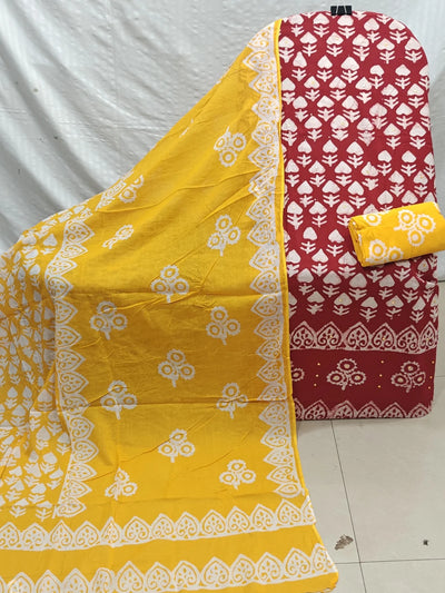 Maroon & Yellow Leaf Buti Wax Batik Cotton Unstitched Suit By ASC