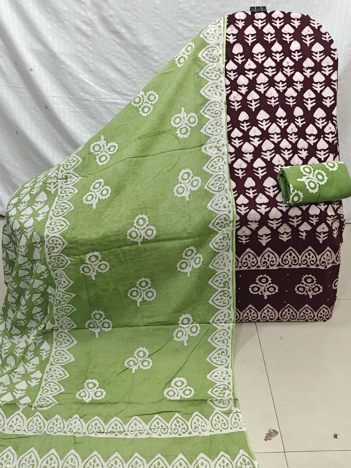 Wine & Green Leaf Buti Wax Batik Cotton Unstitched Suit By ASC