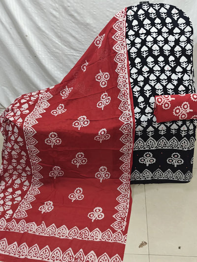 Black & Red Leaf Buti Wax Batik Cotton Unstitched Suit By ASC