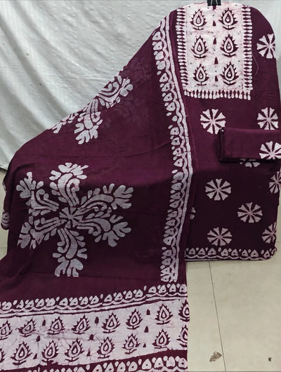 Wine Pinwheel Flower Wax Batik Cotton Unstitched Suit By ASC