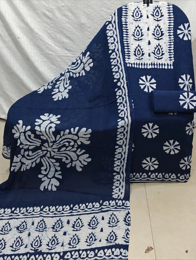 Navy Blue Pinwheel Flower Wax Batik Cotton Unstitched Suit By ASC