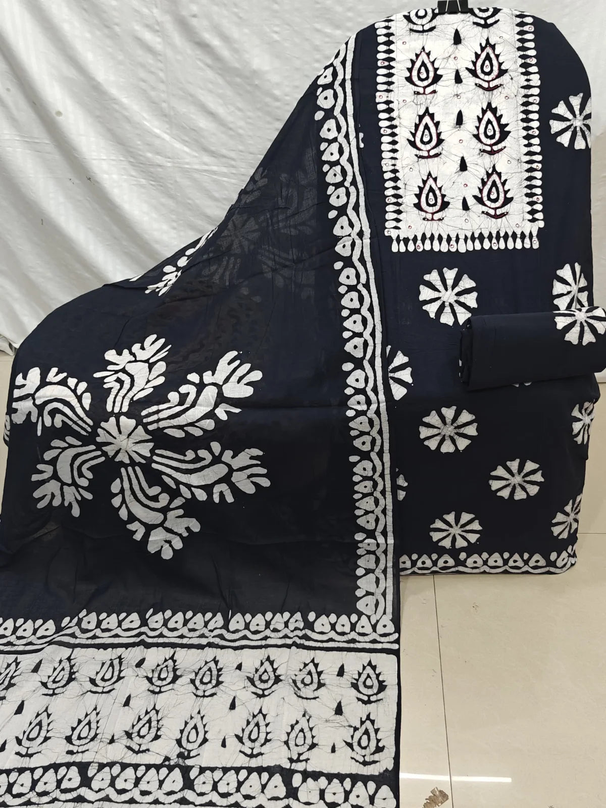 Black Pinwheel Flower Wax Batik Cotton Unstitched Suit By ASC