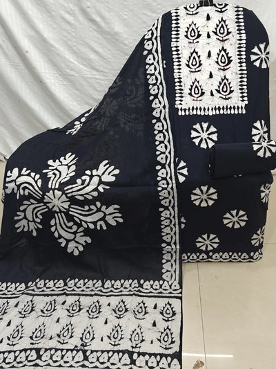 Black Pinwheel Flower Wax Batik Cotton Unstitched Suit By ASC
