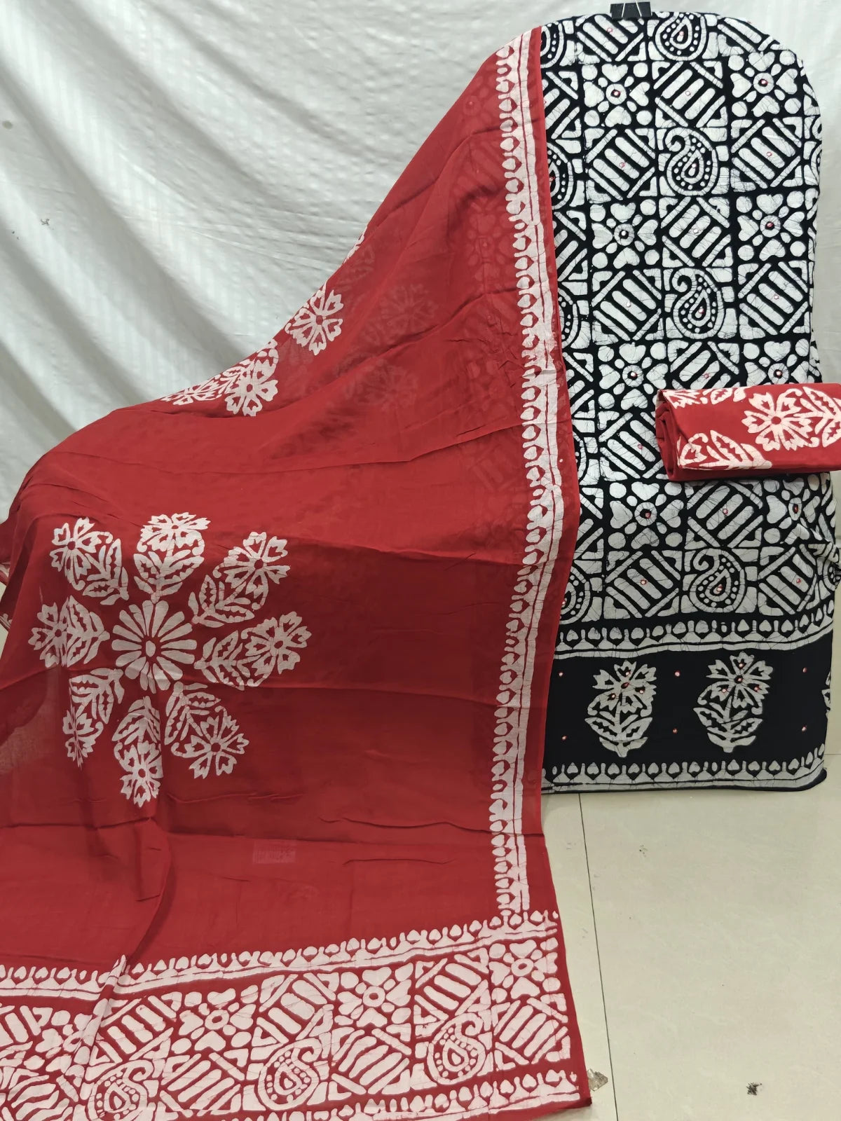Black & Red Geometric Paisley Wax Batik Cotton Unstitched Suit By ASC