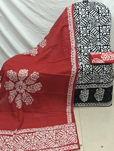 Black & Red Geometric Paisley Wax Batik Cotton Unstitched Suit By ASC