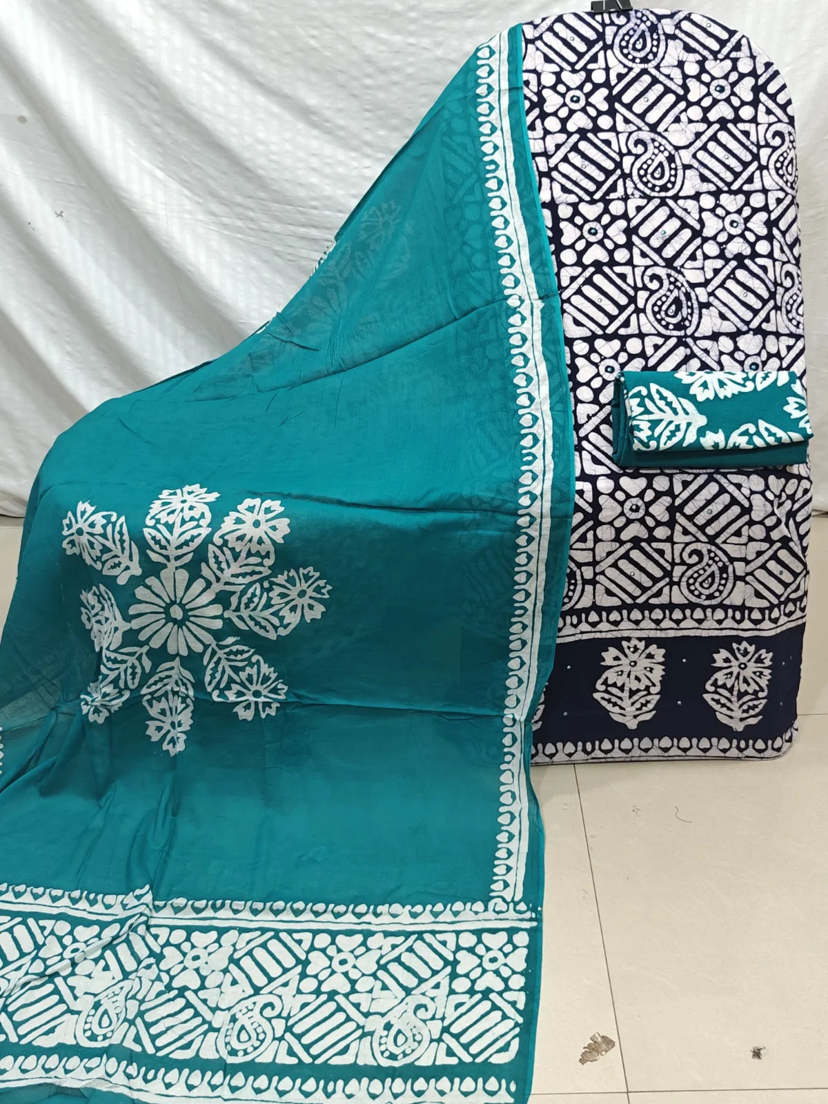 Navy Blue & Teal Geometric Paisley Wax Batik Cotton Unstitched Suit By ASC