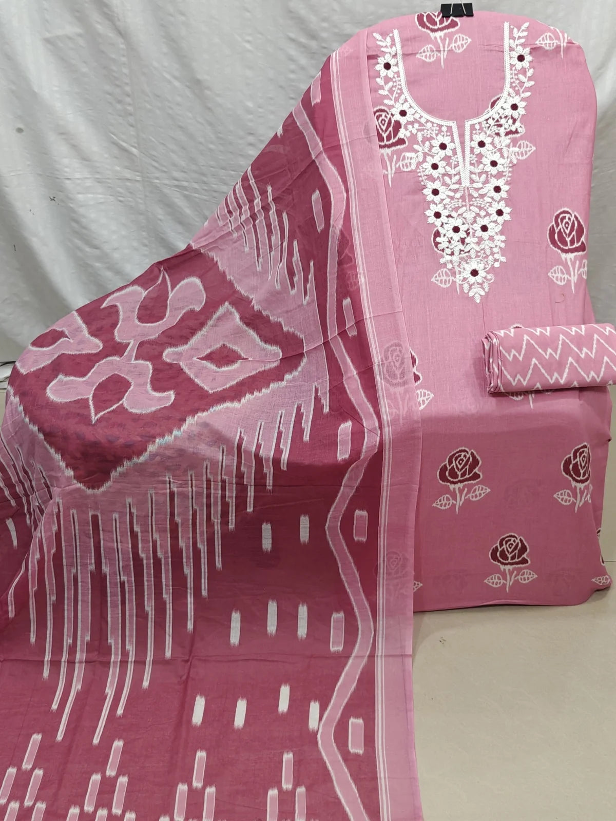 Pink Rose Print Cotton Unstitched Suit with White Embroidered Neck, Zigzag Bottom & Ikat Dupatta