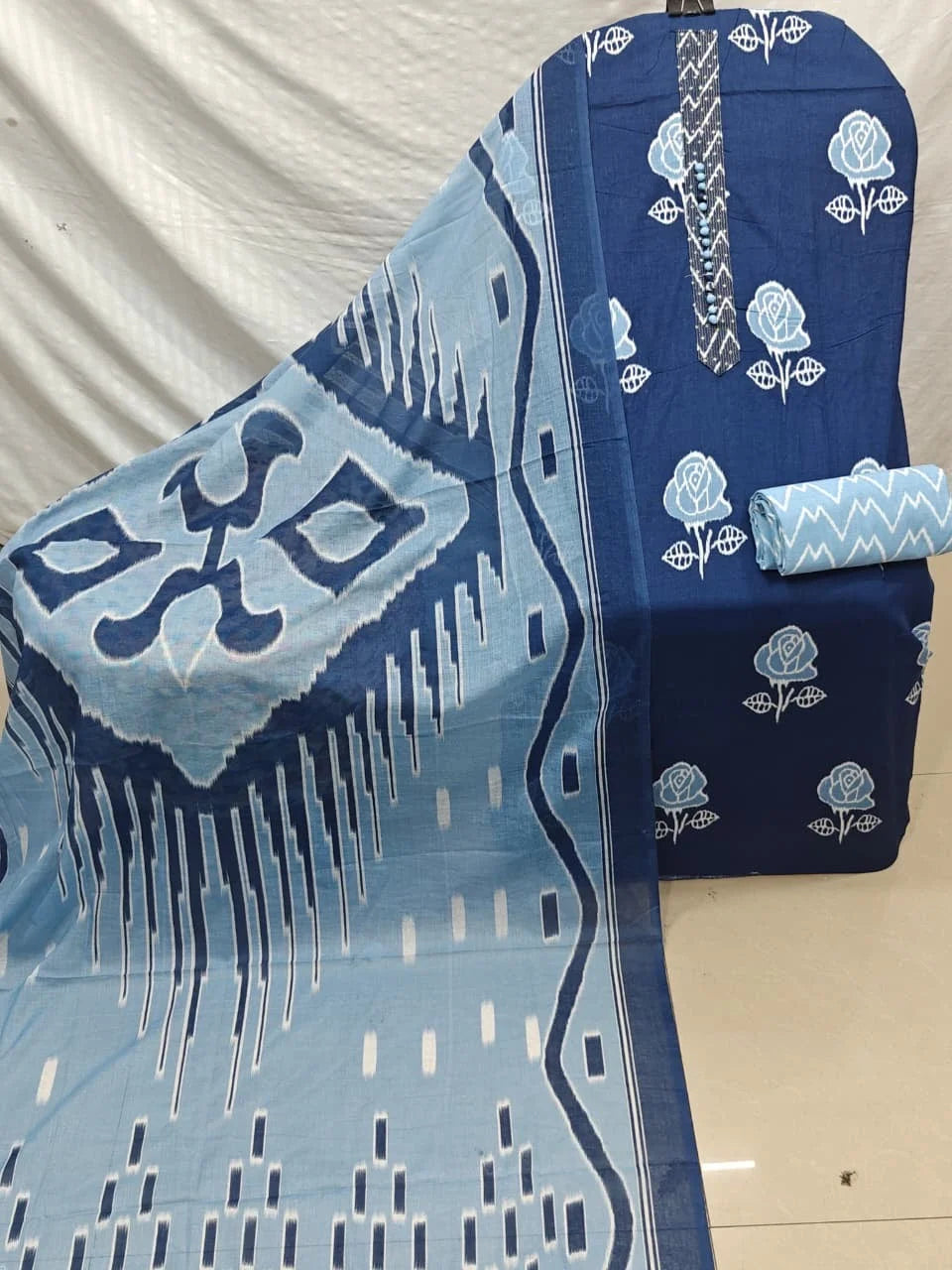 Navy Blue Rose Print Cotton Unstitched Suit with Lace Placket, Zigzag Bottom & Ikat Dupatta