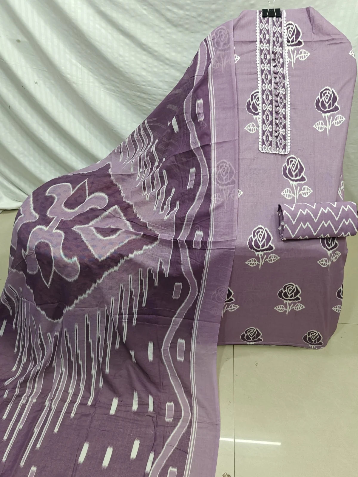 Lavender Rose Print Cotton Unstitched Suit with Lace Placket, Zigzag Bottom & Ikat Dupatta